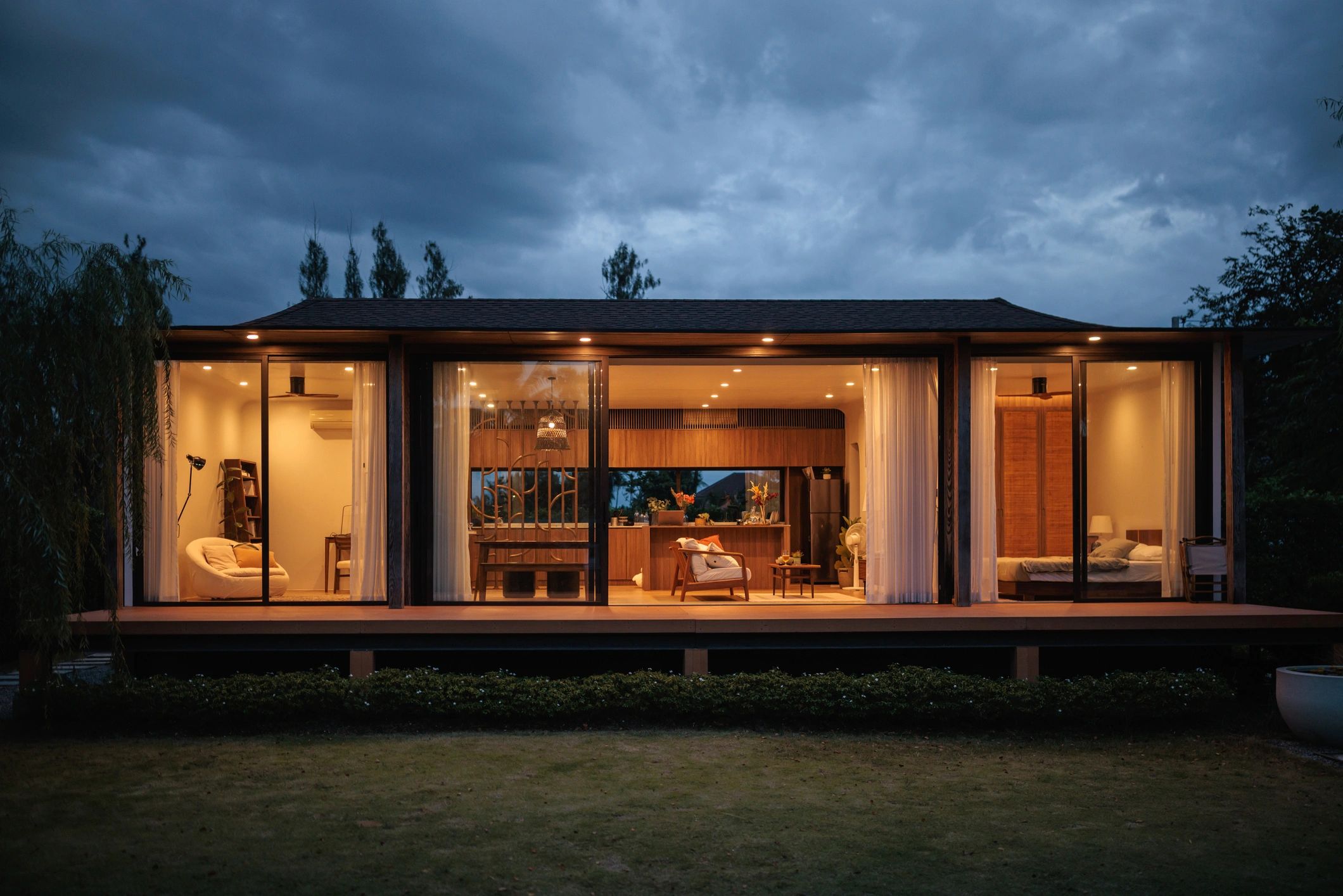Modern sustainable property exterior at dusk